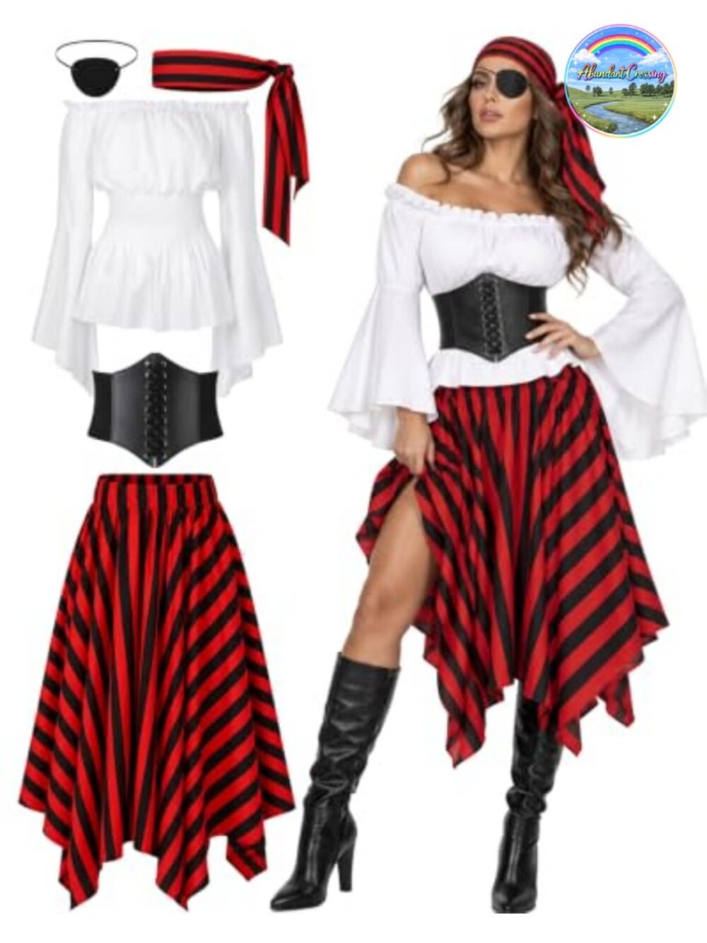 5-Piece Pirate Costume Set Peasant Blouse Corset Skirt Bandana Eyepatch